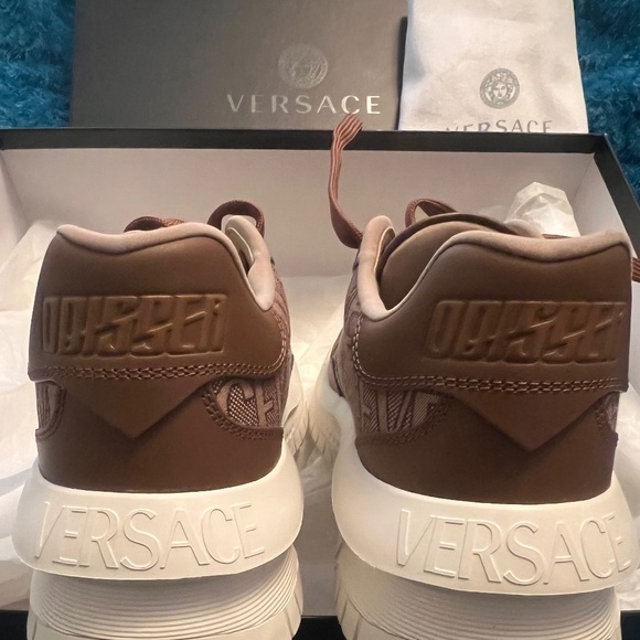 Versace Odissea Logo Jacquard & Leather Sneaker in Beige Brown